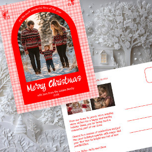 Gingham Pink Red Christmas Custom Arch 3 Photo  Holiday Postcard