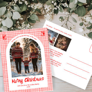 Gingham Pink Red Christmas Custom Arch 3 Photo Holiday Postcard