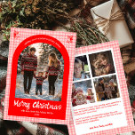 Gingham Pink Red Christmas Custom Arch 5 Photo  Holiday Card<br><div class="desc">Perfect cute card for a fun holiday greeting! Hand made art for you! FULLY CUSTOMIZABLE! Click on “Personalise” above to edit the text on the front and back and add your own photos to the front and back. Click "edit using design tool" to adjust the fonts, colours and placements. (check...</div>