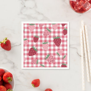 Gingham Pink & Red Strawberry Berry Napkin