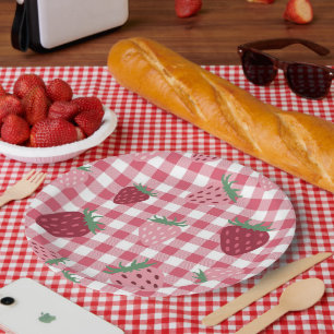 Gingham Pink & Red Strawberry Berry  Paper Plate
