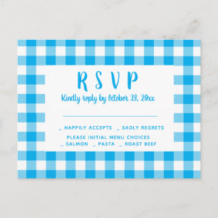 Gingham Plaid Blue White Rustic Wedding RSVP Postcard