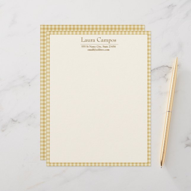 Gingham Plaid Elegant Farmhouse Yellow Personal Custom Letterhead (Front/Back In Situ)