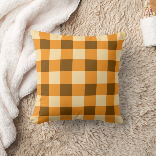 Gingham Plaid in Brown Orange and Beige Cushion (Blanket)
