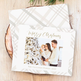 Gingham Plaid Watercolor Photo White Christmas Holiday Card