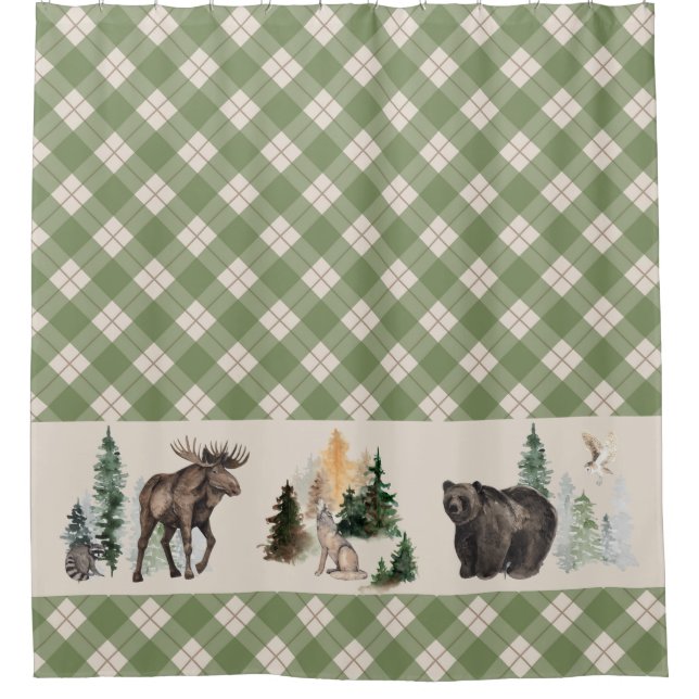 Gingham Plaid Watercolor Woodland Animal Forest Shower Curtain (Front)