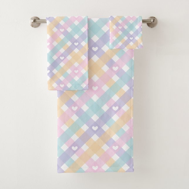 Gingham Plaids Hearts Pastel Colours Bath Towel Set (Insitu)