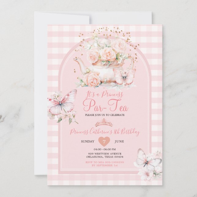 Gingham Princess ParTea Pink Butterfly Birthday  Invitation (Front)