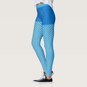 Gingham Print Blue White Monogram Personalised Leggings