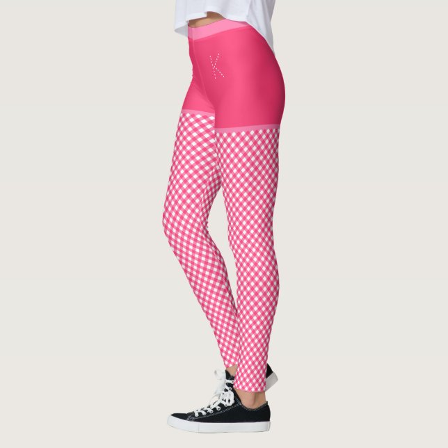 Gingham Print Pink White Monogram Personalised Leggings (Left)