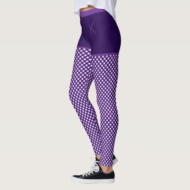 Gingham Print Purple White Monogram Personalised Leggings (Left)