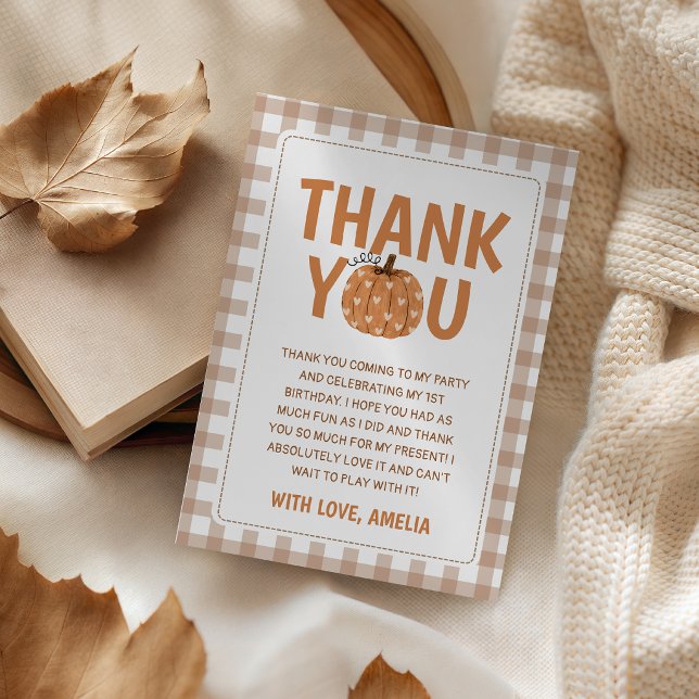 Gingham Pumpkin Fall Birthday Thank You Card (Creator Uploaded)