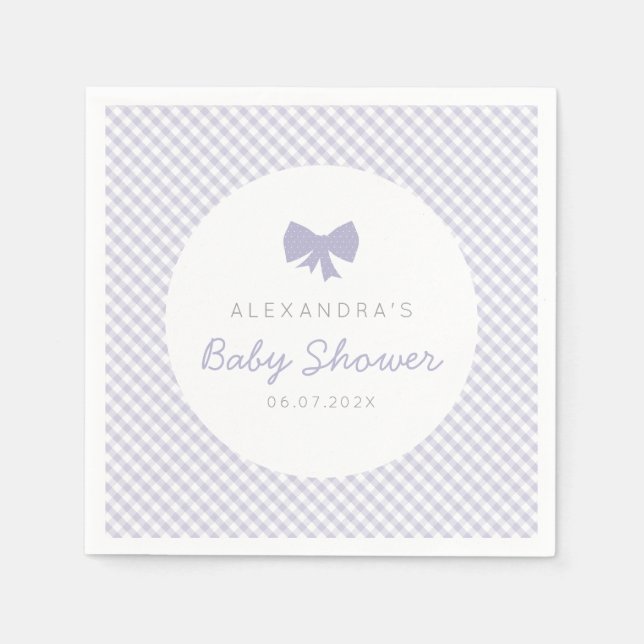 Gingham purple bow baby shower napkin (Front)