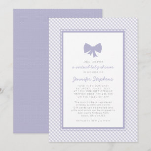 Gingham purple bow virtual baby shower invitation