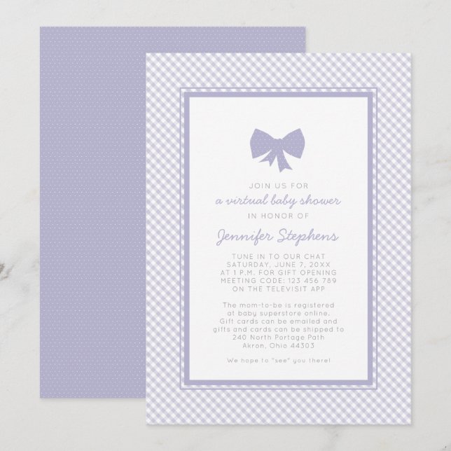 Gingham purple bow virtual baby shower invitation (Front/Back)