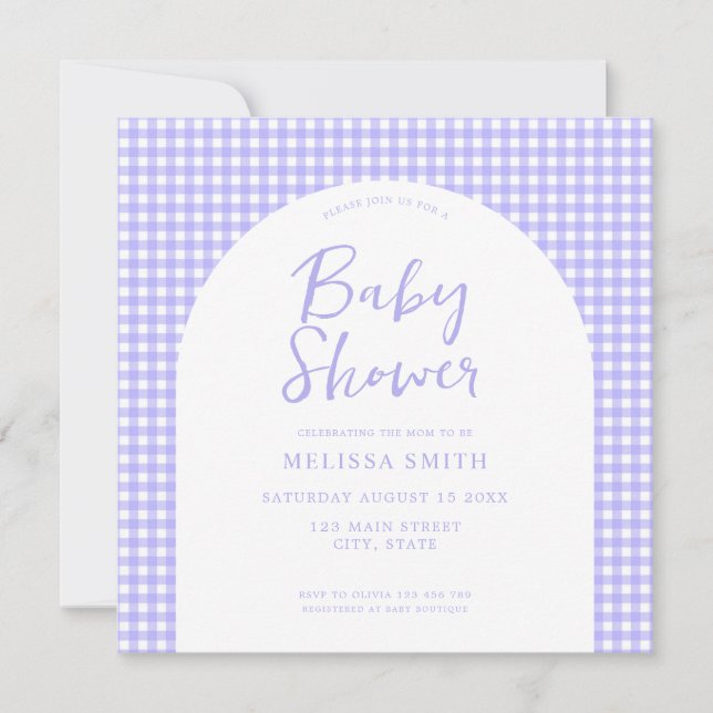 Gingham Purple Chequered Plaid Baby Shower Invitation (Front)