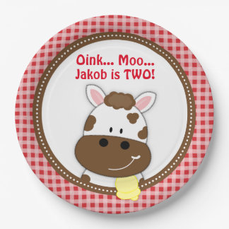 Gingham Red Barnyard Birthday Plates, Farm Cow Paper Plate