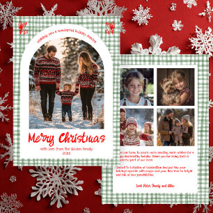 Gingham Red Green Christmas Custom Arch 5 Photo Holiday Card
