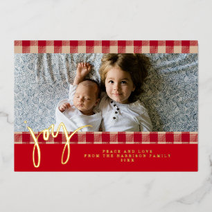 Gingham Rustic Farmhouse Red Beige Christmas Photo Foil Holiday Card