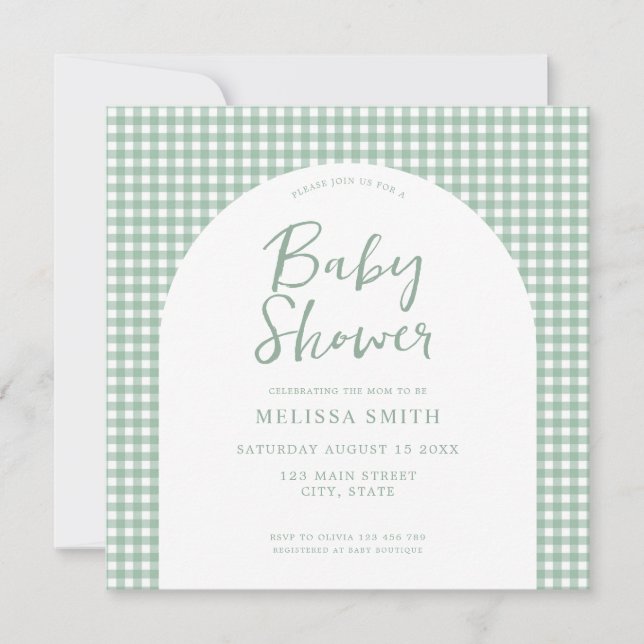 Gingham Sage Green Chequered Plaid Baby Shower Invitation (Front)