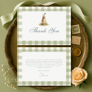 Gingham Sage Green Golf First Birthday Thank You Card