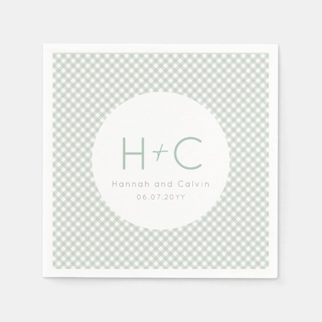 Gingham sage green initials wedding rehearsal napkin (Front)
