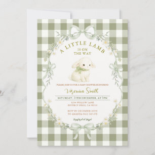 Gingham Sage Green Little Lamb Baby Shower Invitation