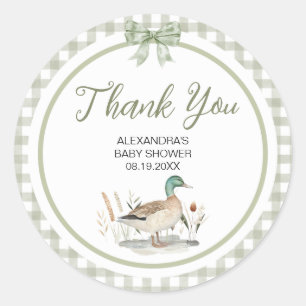 Gingham Sage Green Mallard Duck Baby Shower Classic Round Sticker