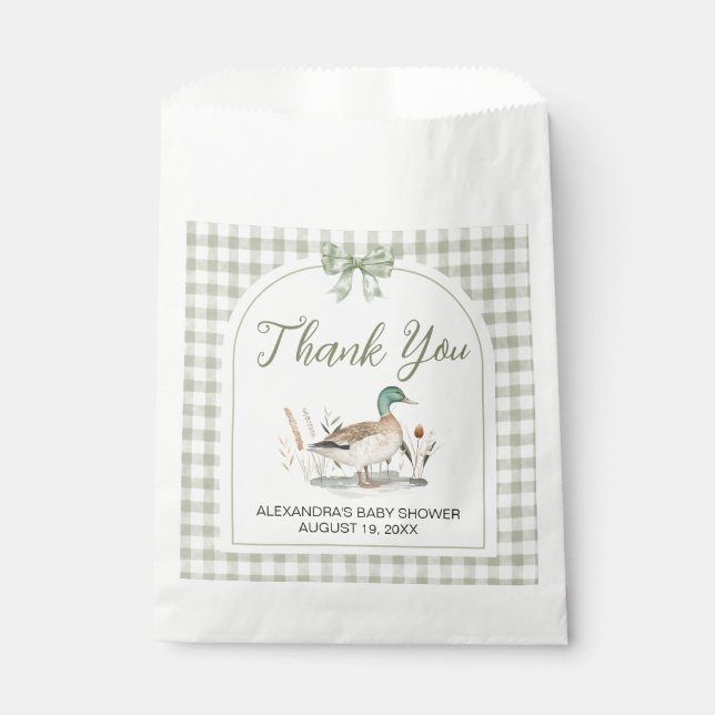 Gingham Sage Green Mallard Duck Baby Shower Favour Bags (Front)