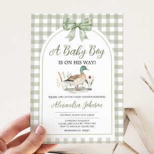 Gingham Sage Green Mallard Duck Baby Shower Invitation