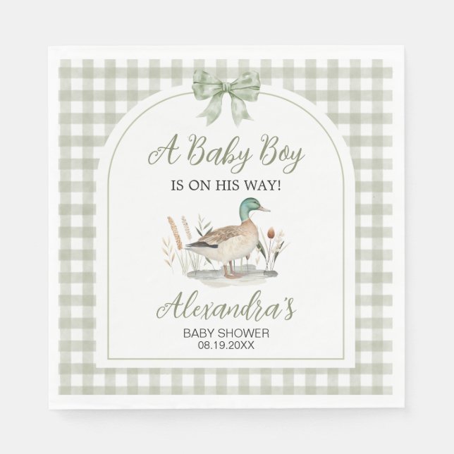 Gingham Sage Green Mallard Duck Baby Shower Napkin (Front)