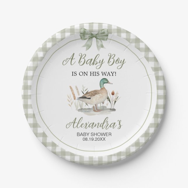 Gingham Sage Green Mallard Duck Baby Shower Paper Plate (Front)