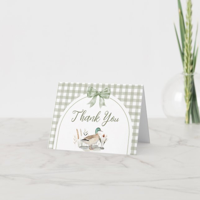 Gingham Sage Green Mallard Duck Baby Shower  Thank You Card (Front)