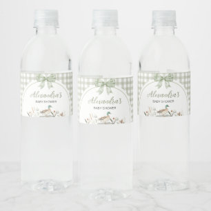 Gingham Sage Green Mallard Duck Baby Shower  Water Bottle Label