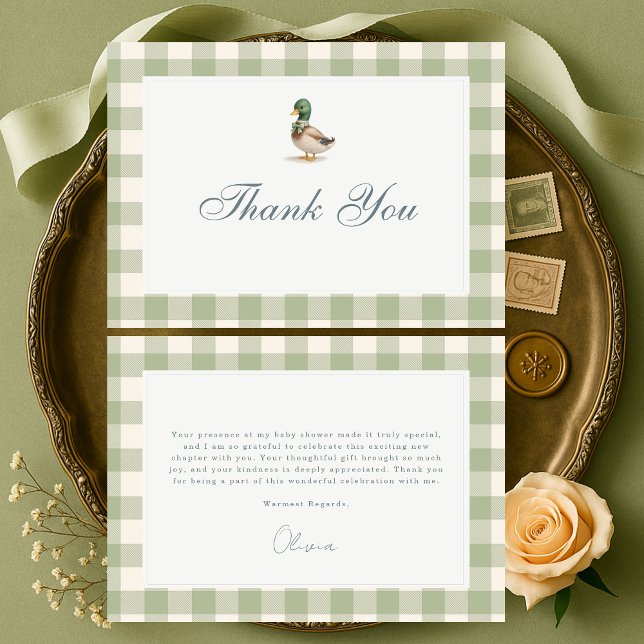 Gingham Sage Green Mallard Duck Bow Baby Shower Thank You Card (Creator Uploaded)