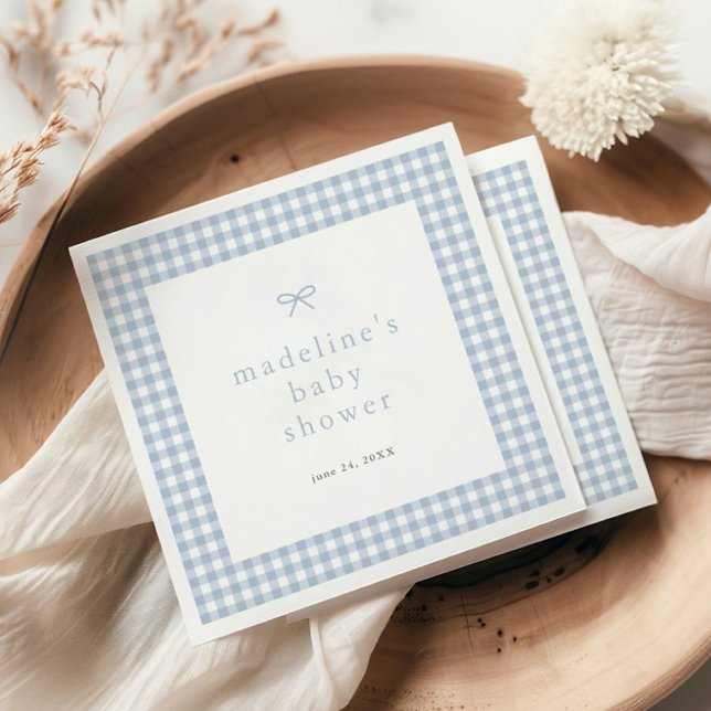 Gingham Simple Bow Dusty Blue Boys Baby Shower Napkin (Dusty blue bow gingham boys baby shower napkins.)