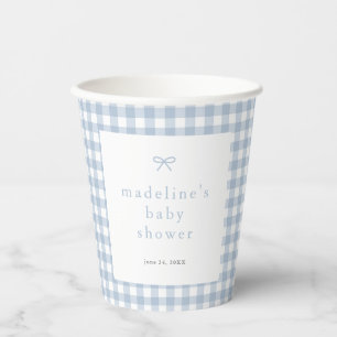 Gingham Simple Bow Dusty Blue Boys Baby Shower Paper Cups