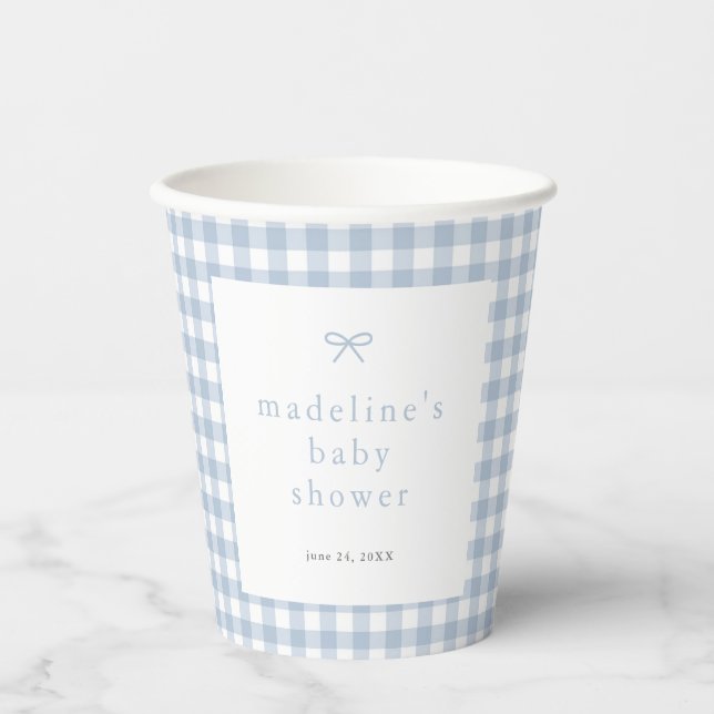 Gingham Simple Bow Dusty Blue Boys Baby Shower Paper Cups (Front)