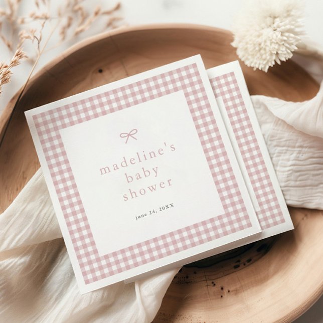 Gingham Simple Bow Dusty Pink Girls Baby Shower Napkin (Dusty pink bow gingham girls baby shower napkins.)