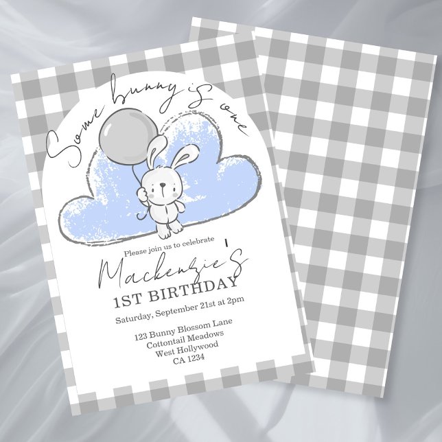 Gingham Some Bunny Is One Birthday Personalized Invitation (Gingham Some Bunny Is One Birthday Personalized Invitation by Ricaso. Blue bunny rabbit party)