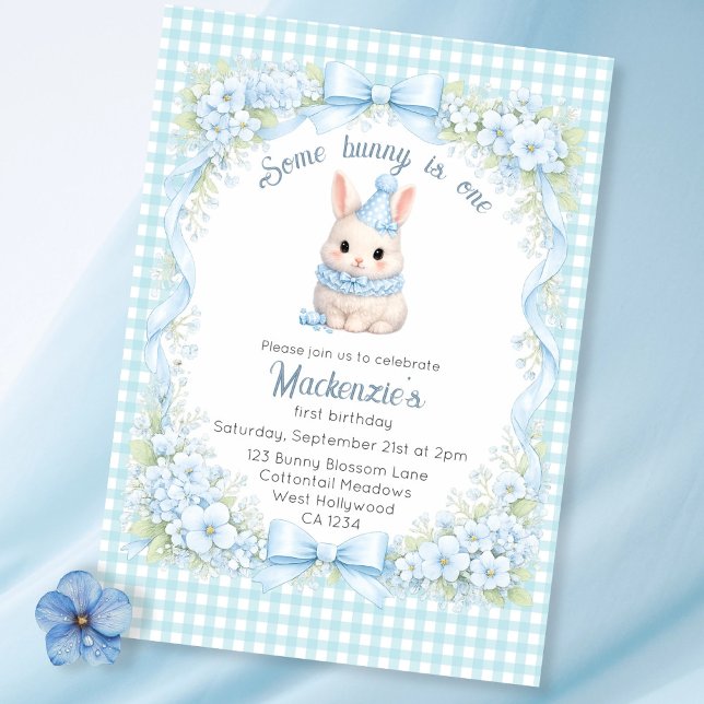 Gingham Some Bunny Is One Birthday Personalized Invitation (Gingham Some Bunny Is One Cute Personalized Invitations by Ricaso. Blue Gingham and Rabbit Birthday)