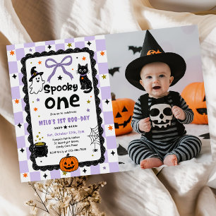 Gingham Spooky One Halloween Birthday Party Photo Invitation