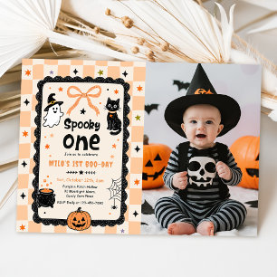 Gingham Spooky One Halloween Birthday Party Photo Invitation