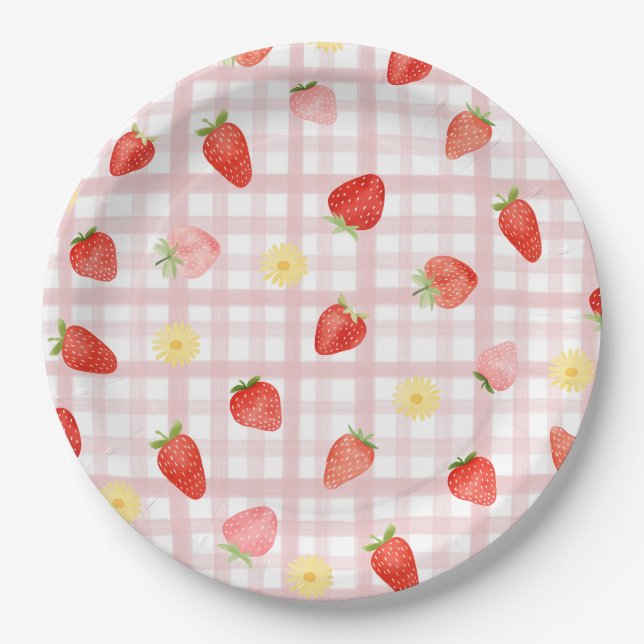 Gingham Strawberry Party Paper Plates (Front)