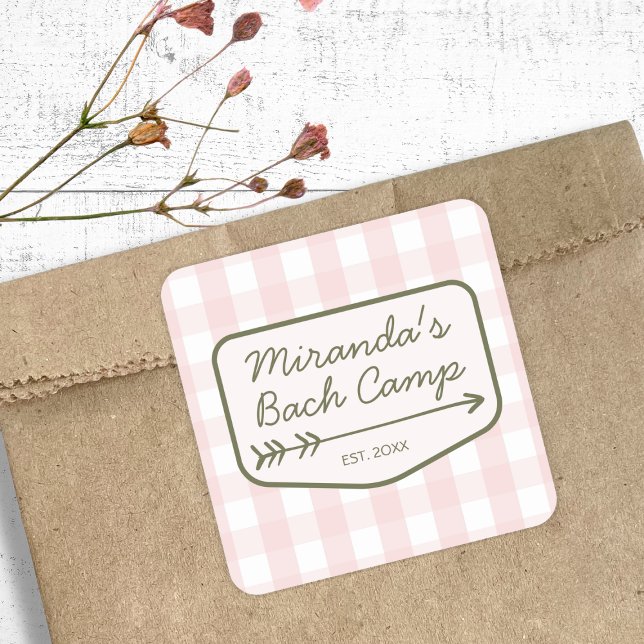 Gingham Summer Camp Bachelorette Camping Square Sticker (Gingham Summer Camp Bachelorette Camping Square Sticker)