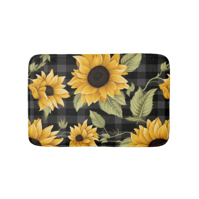 Gingham Sunflowers Pattern Bath Mat (Front)