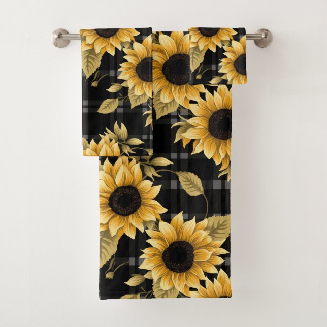 Gingham Sunflowers Pattern Bath Towel Set (Insitu)