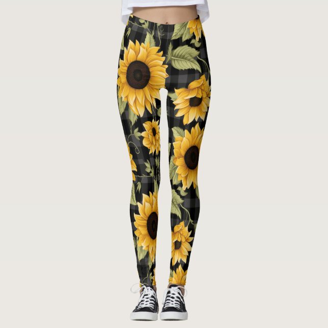 Gingham Sunflowers Pattern Leggings (Front)