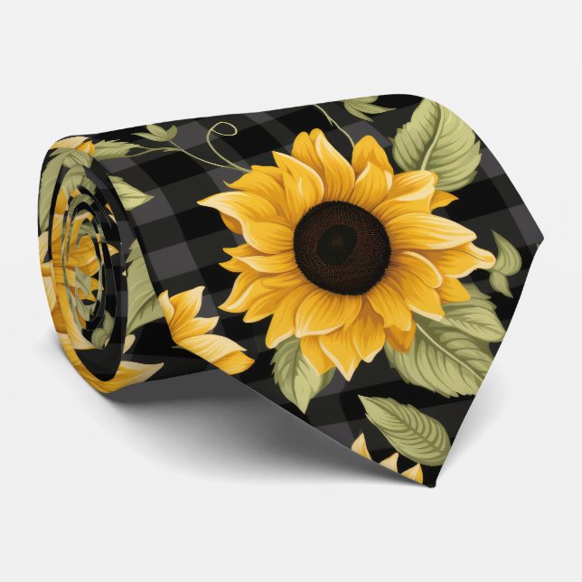 Gingham Sunflowers Pattern Tie (Rolled)