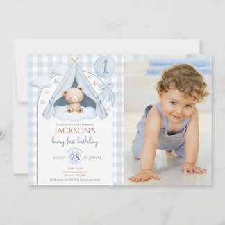 Gingham Teddy Bear Balloon Photo Boy 1st Birthday Invitation